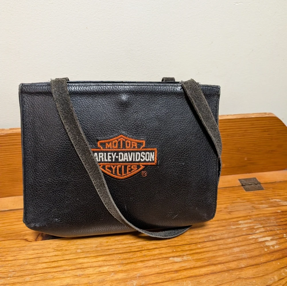 Harley-Davidson Black Leather Tote Bag Embroidered patch Logo